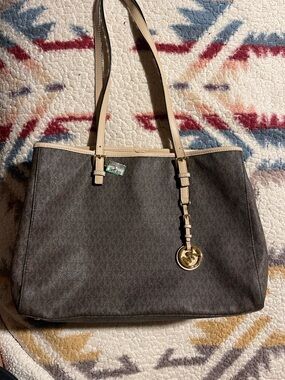 Michael Kors Brown Tote with Beige Trim and Gold Logo Charm